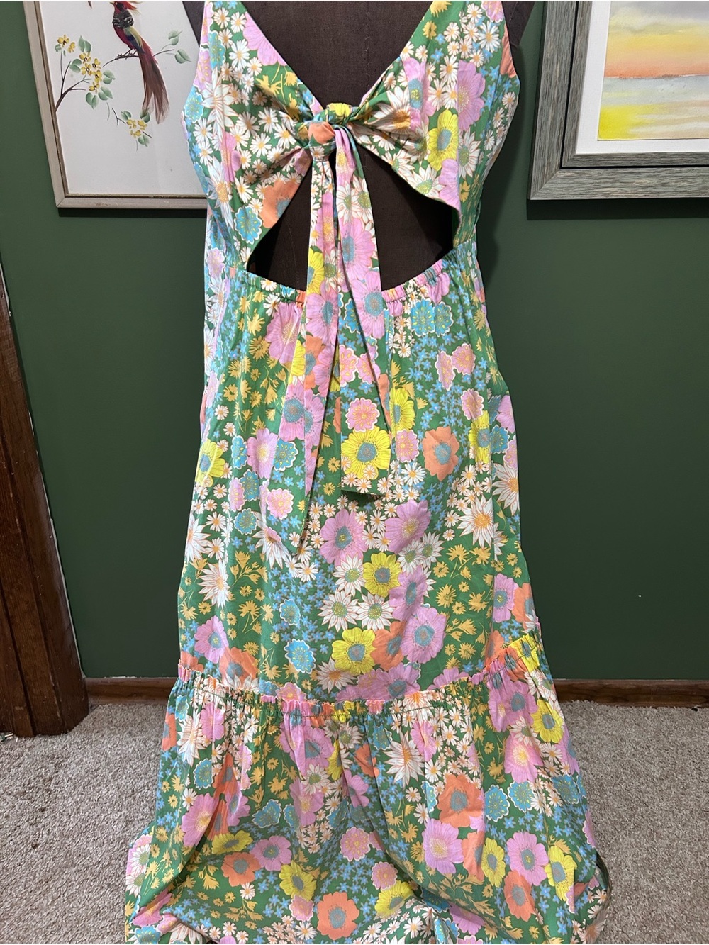 Green Floral Maxi Dress with Pastel Blooms and pockets! - Picture 4 of 7